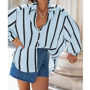 Blue Striped Oversized Button Down Shirt Long Sleeve